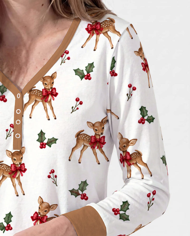 Vintage Christmas Fawn & Holly Bows Bamboo Women Pajama Set