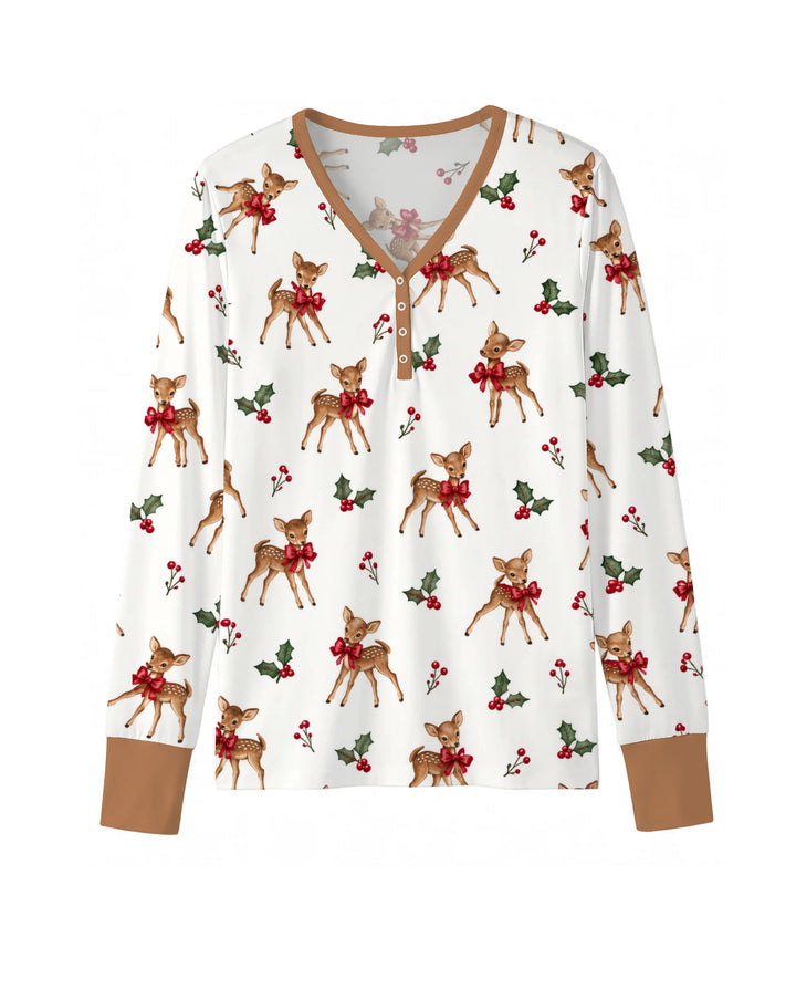 Vintage Christmas Fawn & Holly Bows Bamboo Women Pajama Set