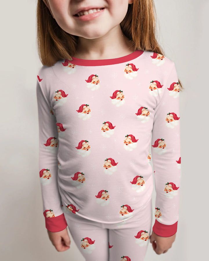 Pink Vintage Santa & Snowflakes Bamboo Two Piece Long Sleeve Pajama Set