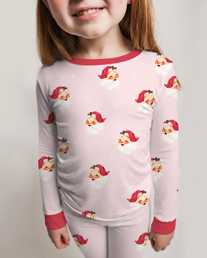 Pink Vintage Santa & Snowflakes Bamboo Two Piece Long Sleeve Pajama Set