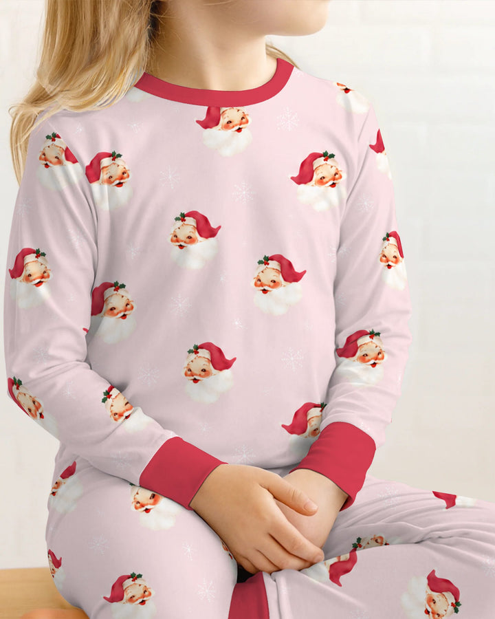 Pink Vintage Santa & Snowflakes Bamboo Two Piece Long Sleeve Pajama Set