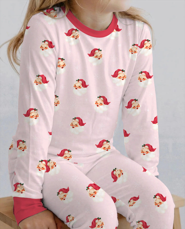 Pink Vintage Santa & Snowflakes Bamboo Two Piece Long Sleeve Pajama Set