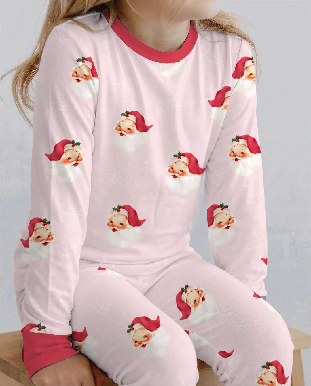 Pink Vintage Santa & Snowflakes Bamboo Two Piece Long Sleeve Pajama Set