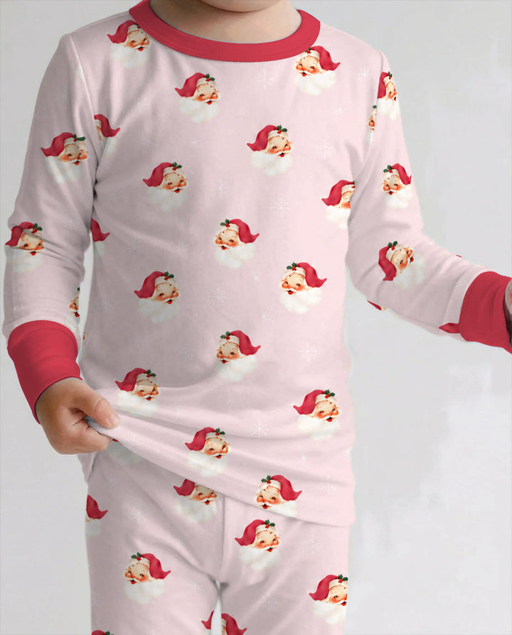 Pink Vintage Santa & Snowflakes Bamboo Two Piece Long Sleeve Pajama Set