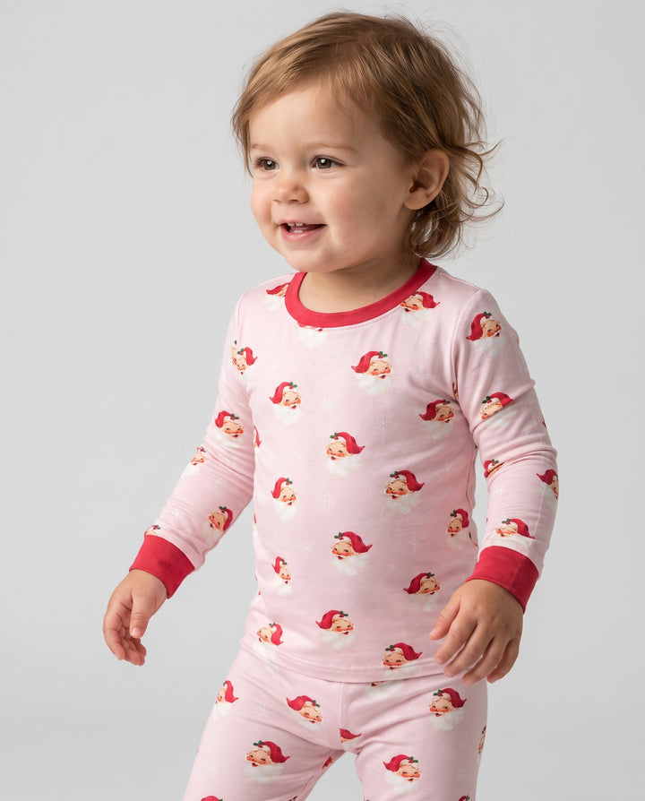 Pink Vintage Santa & Snowflakes Bamboo Two Piece Long Sleeve Pajama Set