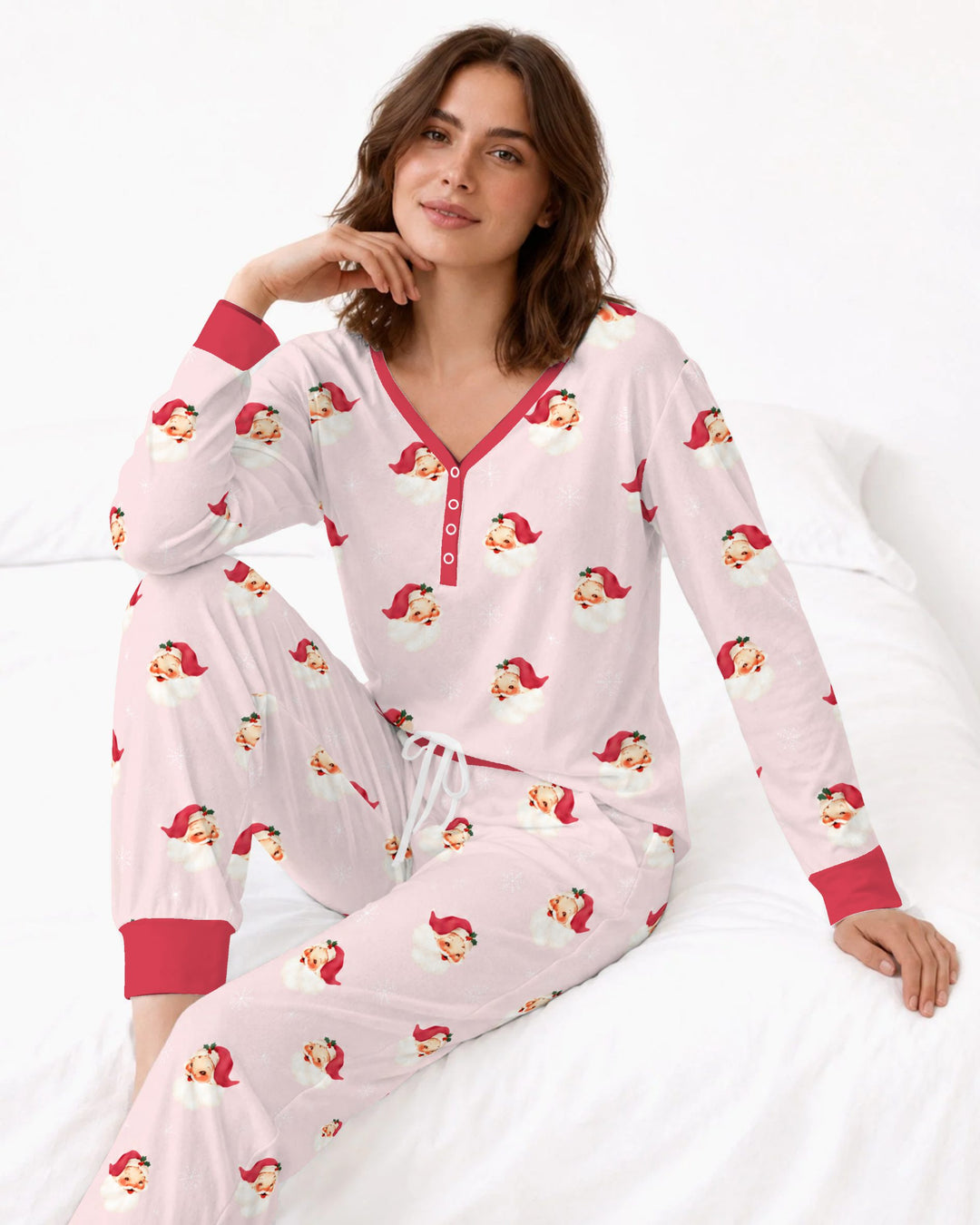 Pink Vintage Santa & Snowflakes Bamboo Women Pajama Set