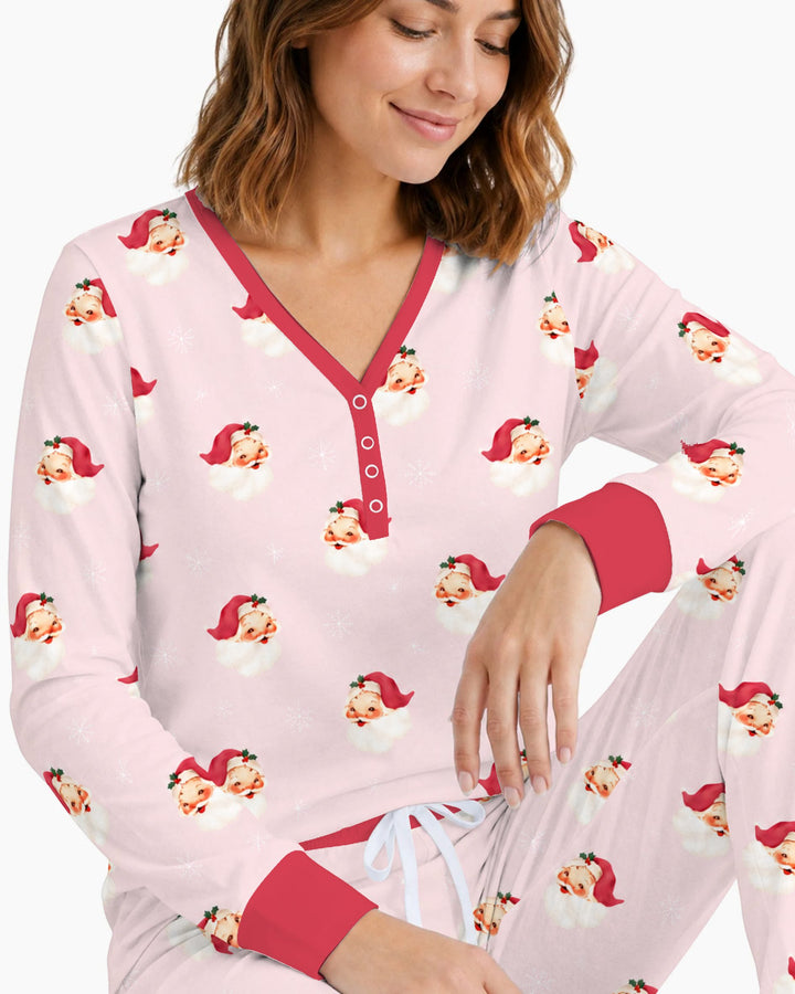 Pink Vintage Santa & Snowflakes Bamboo Women Pajama Set