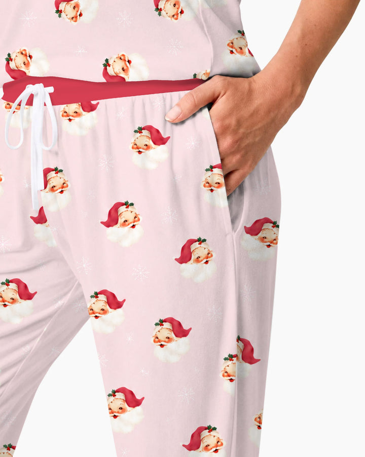Pink Vintage Santa & Snowflakes Bamboo Women Pajama Set