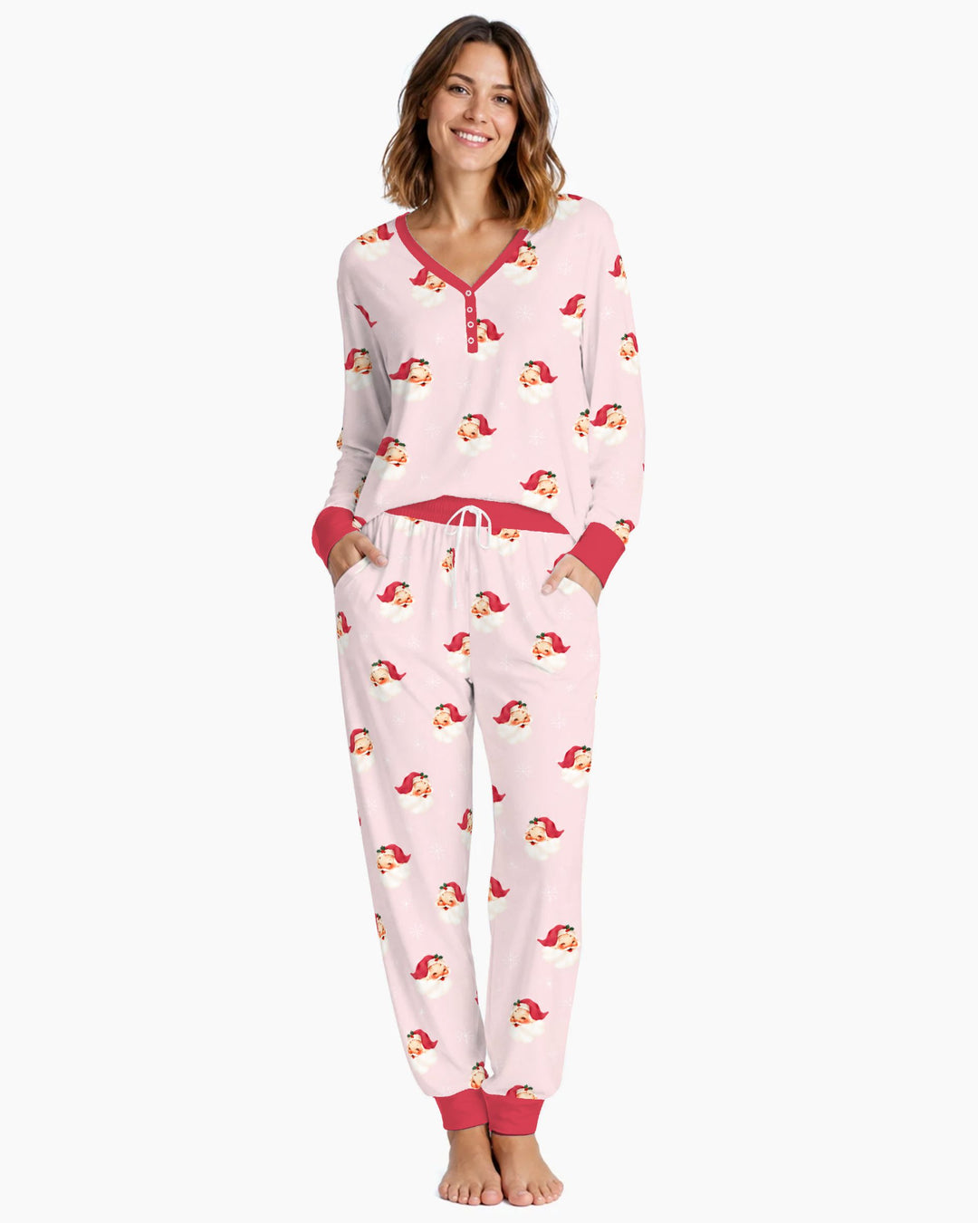 Pink Vintage Santa & Snowflakes Bamboo Women Pajama Set