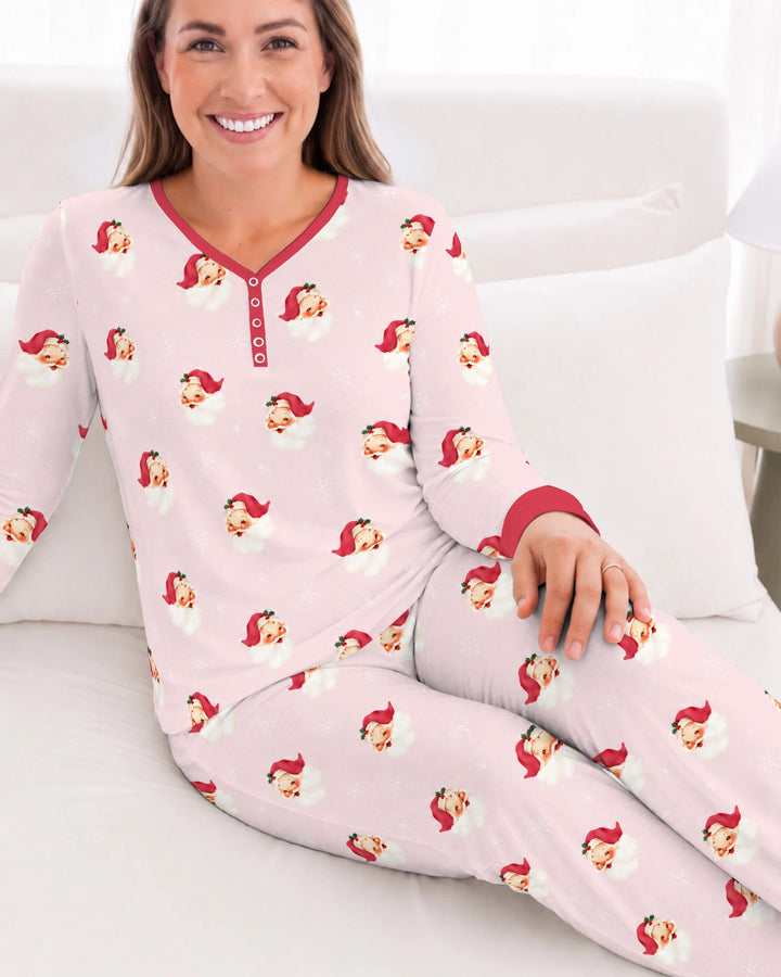 Pink Vintage Santa & Snowflakes Bamboo Women Pajama Set