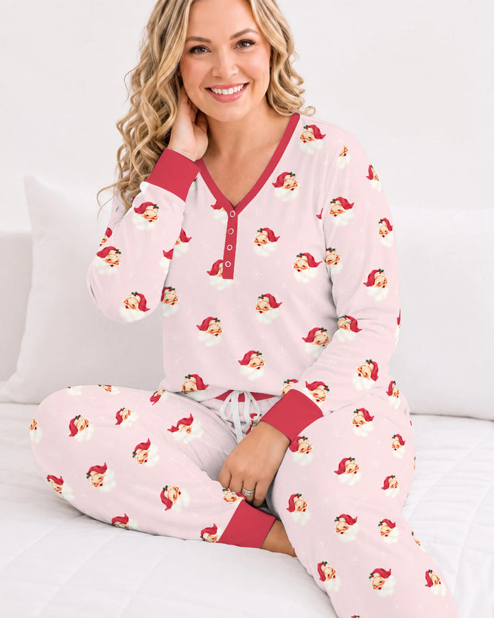 Pink Vintage Santa & Snowflakes Bamboo Women Pajama Set
