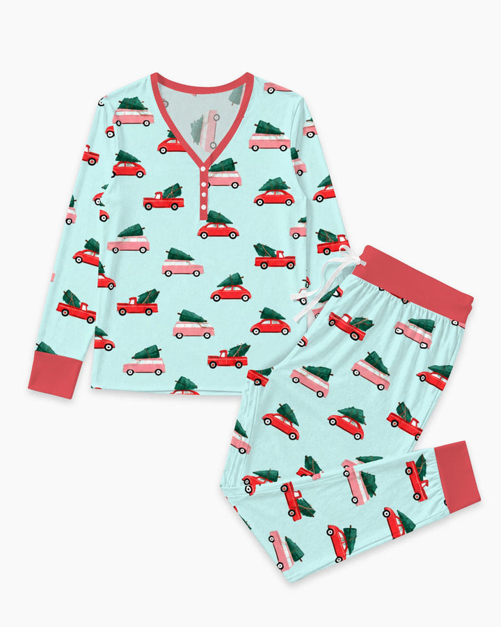 Christmas Tree Road Trip Cars Bamboo Women Pajama Set