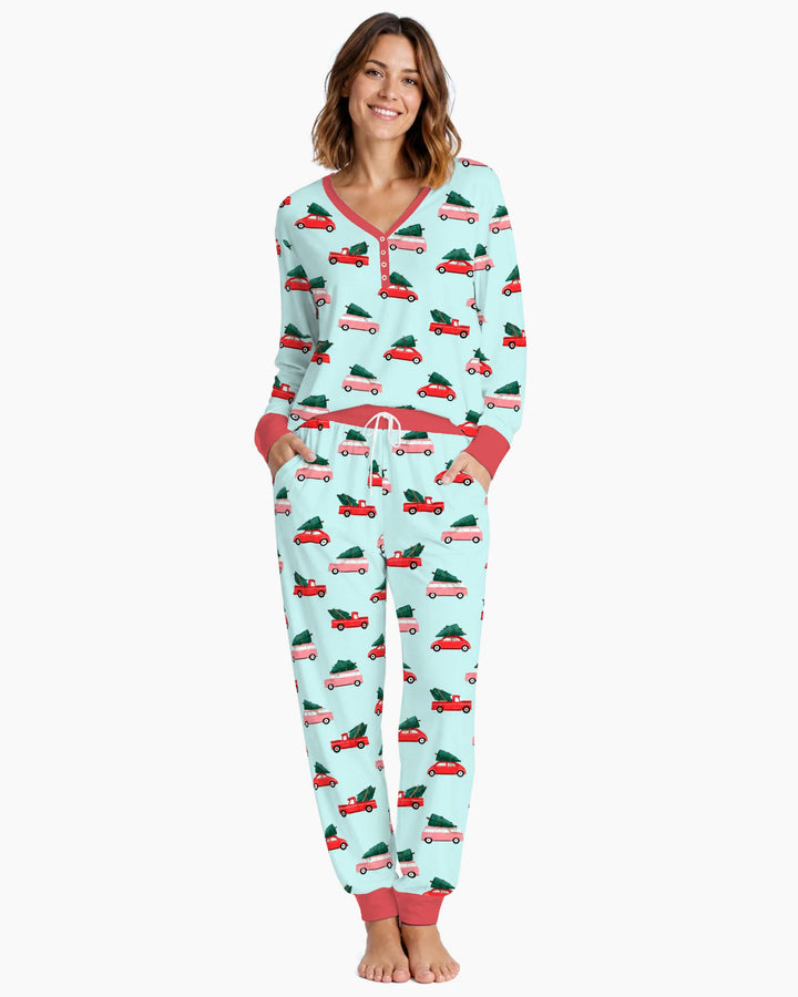 Christmas Tree Road Trip Cars Bamboo Women Pajama Set