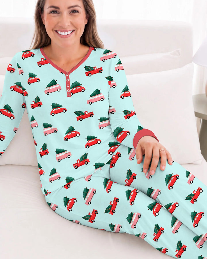 Christmas Tree Road Trip Cars Bamboo Women Pajama Set