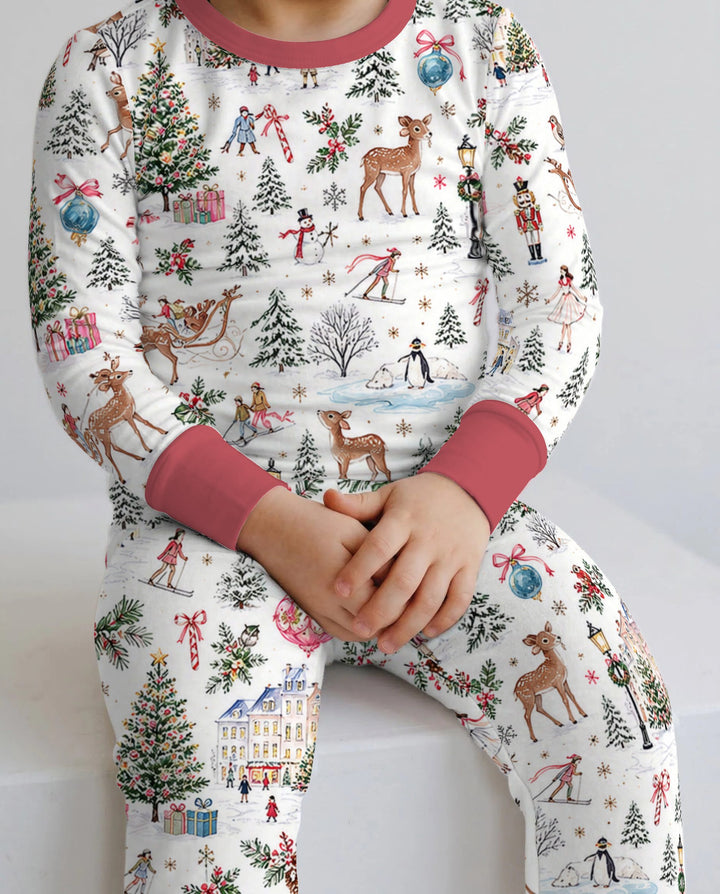 Christmas Winter Village Toile Bamboo Two Piece Long Sleeve Pajama Set