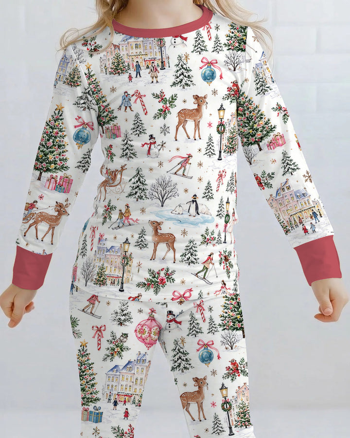 Christmas Winter Village Toile Bamboo Two Piece Long Sleeve Pajama Set