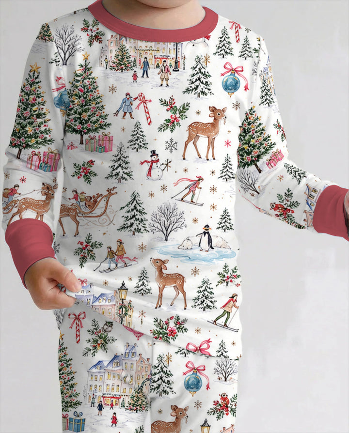 Christmas Winter Village Toile Bamboo Two Piece Long Sleeve Pajama Set