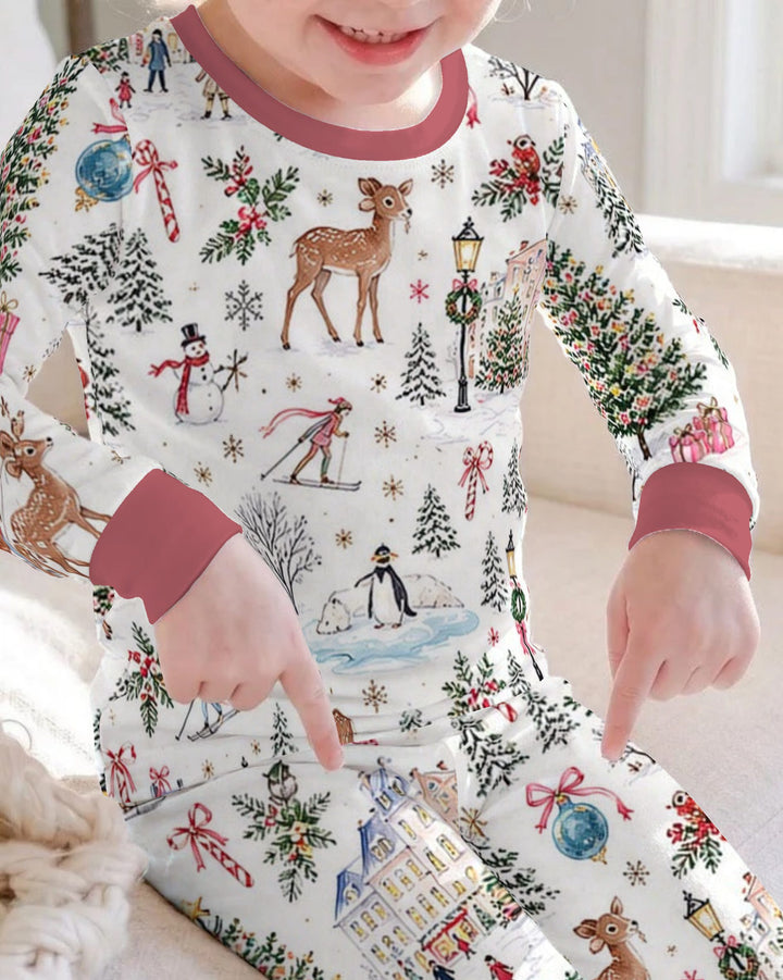 Christmas Winter Village Toile Bamboo Two Piece Long Sleeve Pajama Set