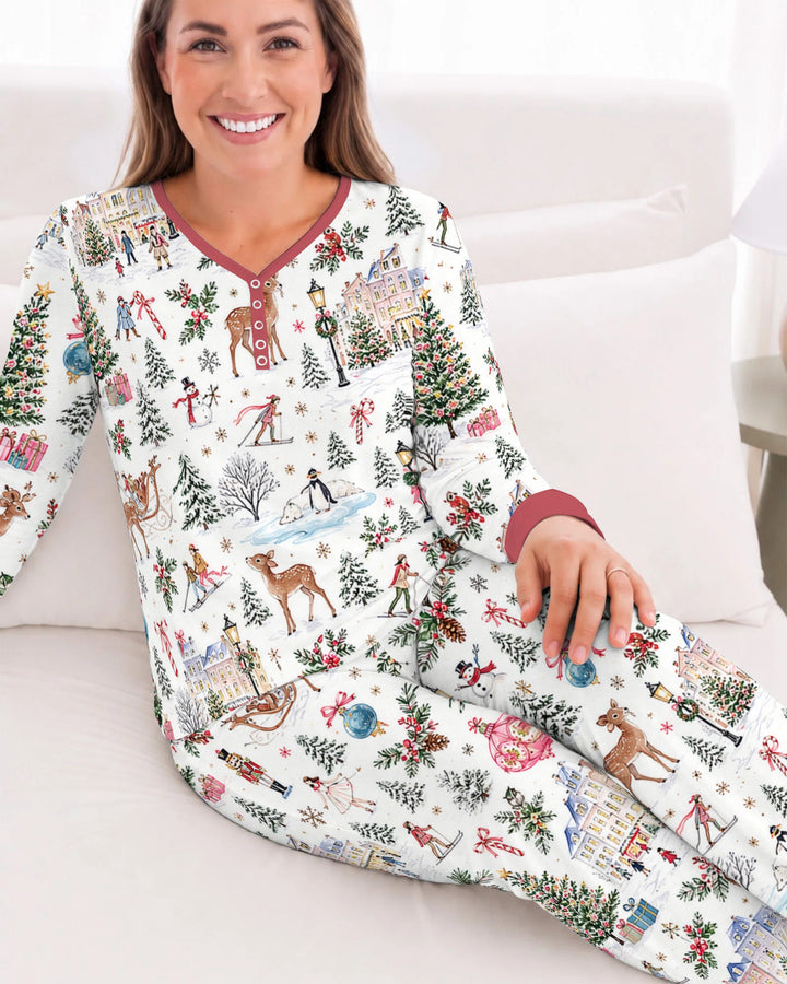 Christmas Winter Village Toile Bamboo Women Pajama Set