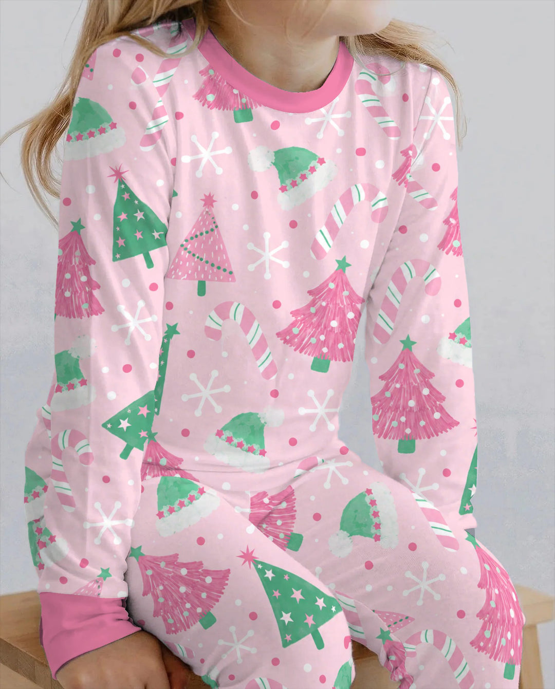 Pink & Mint Candy Christmas Trees Bamboo Two Piece Long Sleeve Pajama Set