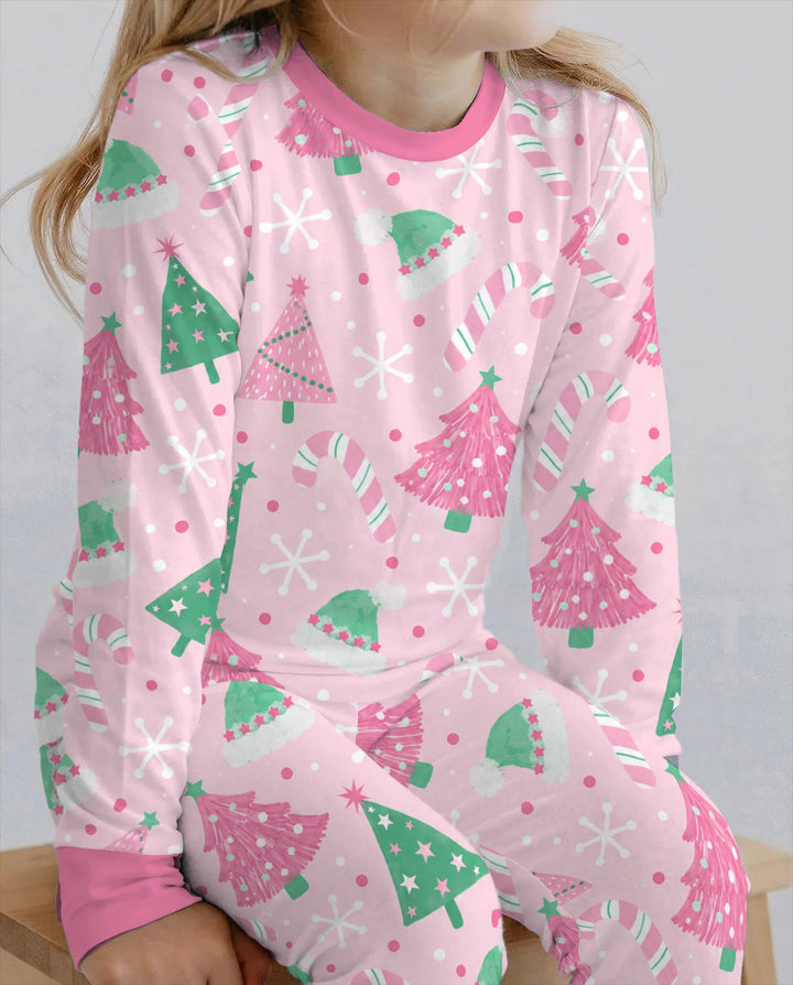 Pink & Mint Candy Christmas Trees Bamboo Two Piece Long Sleeve Pajama Set