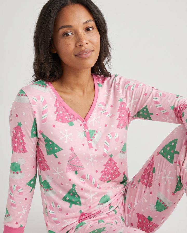 Pink & Mint Candy Christmas Trees Bamboo Women Pajama Set