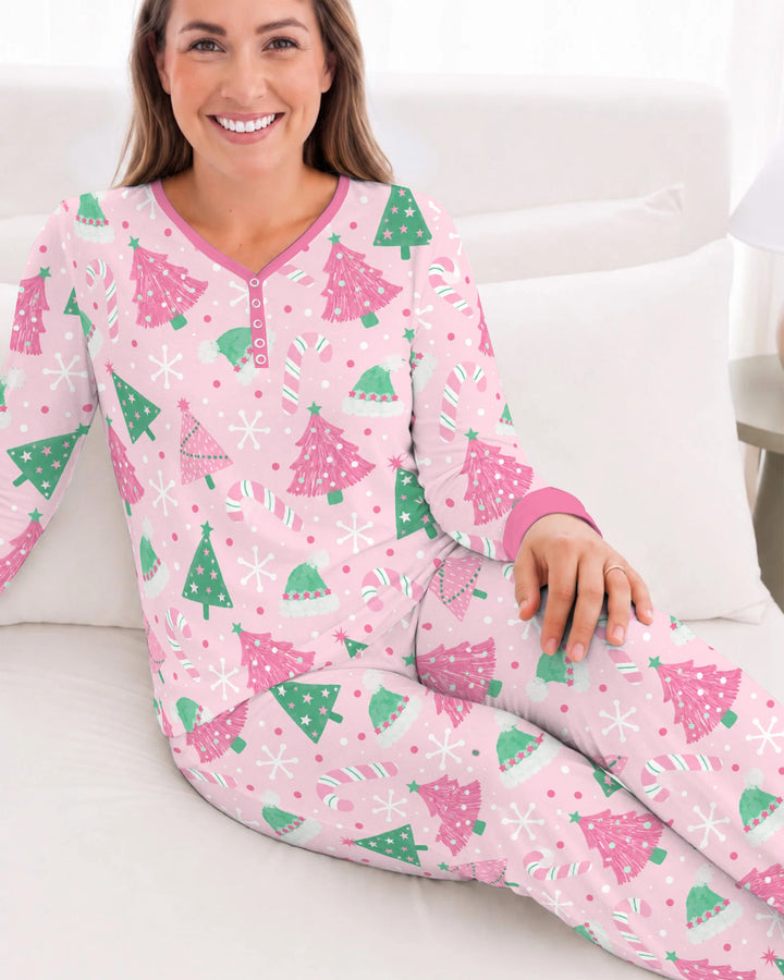 Pink & Mint Candy Christmas Trees Bamboo Women Pajama Set