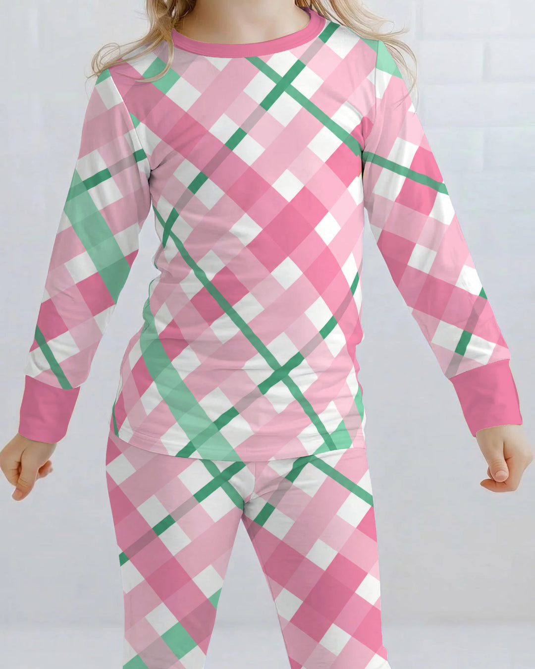 Pink & Mint Christmas Plaid Bamboo Two Piece Long Sleeve Pajama Set