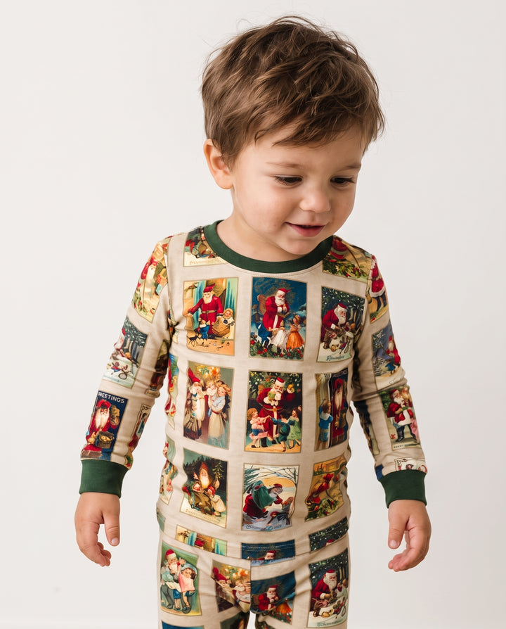 Vintage Santa Christmas Postcards Bamboo Two Piece Long Sleeve Pajama Set