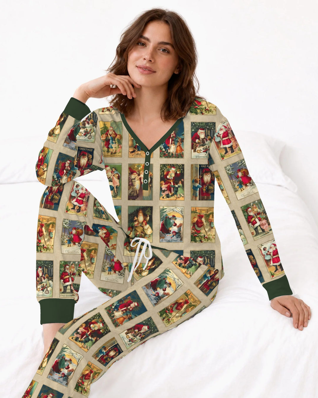 Vintage Santa Christmas Postcards Bamboo Women Pajama Set