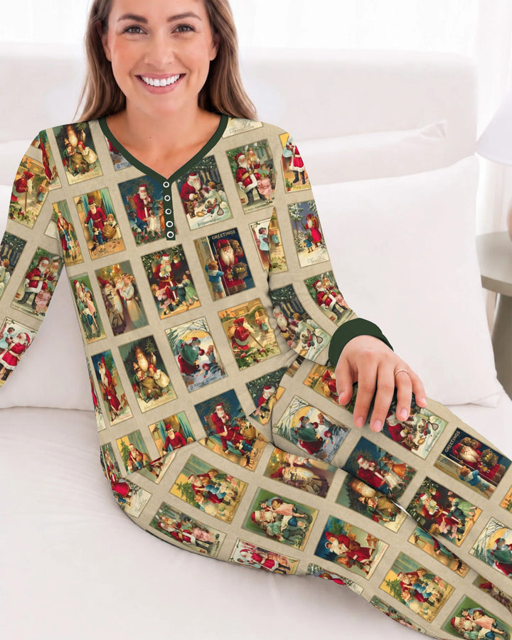 Vintage Santa Christmas Postcards Bamboo Women Pajama Set