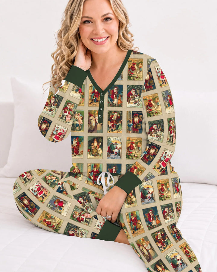 Vintage Santa Christmas Postcards Bamboo Women Pajama Set