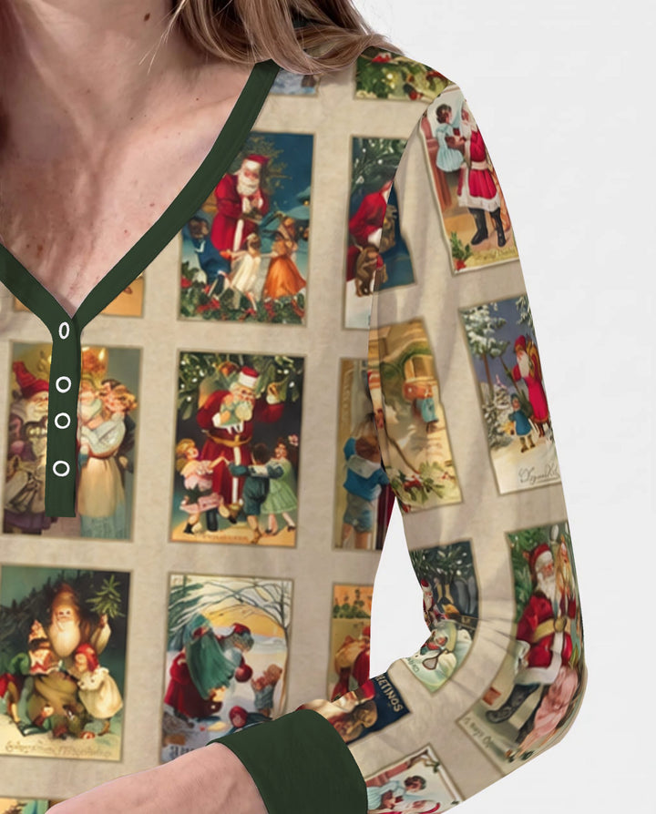 Vintage Santa Christmas Postcards Bamboo Women Pajama Set