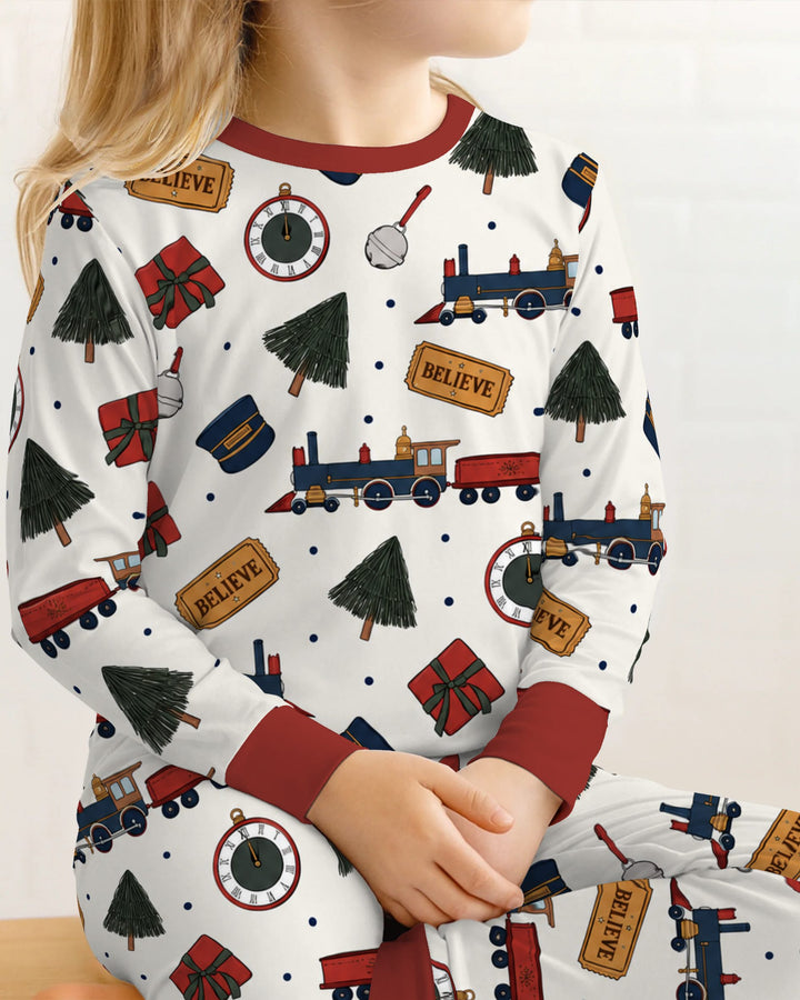 Polar Express Christmas Train Toss Bamboo Two Piece Long Sleeve Pajama Set