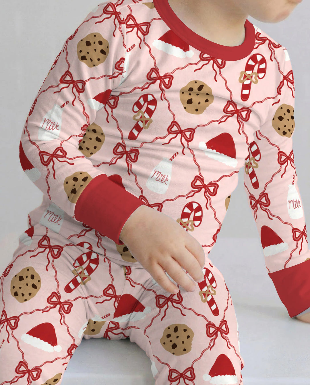 Pink Christmas Cookies and Milk Bow Lattice Bamboo Two Piece Long Sleeve Pajama Set