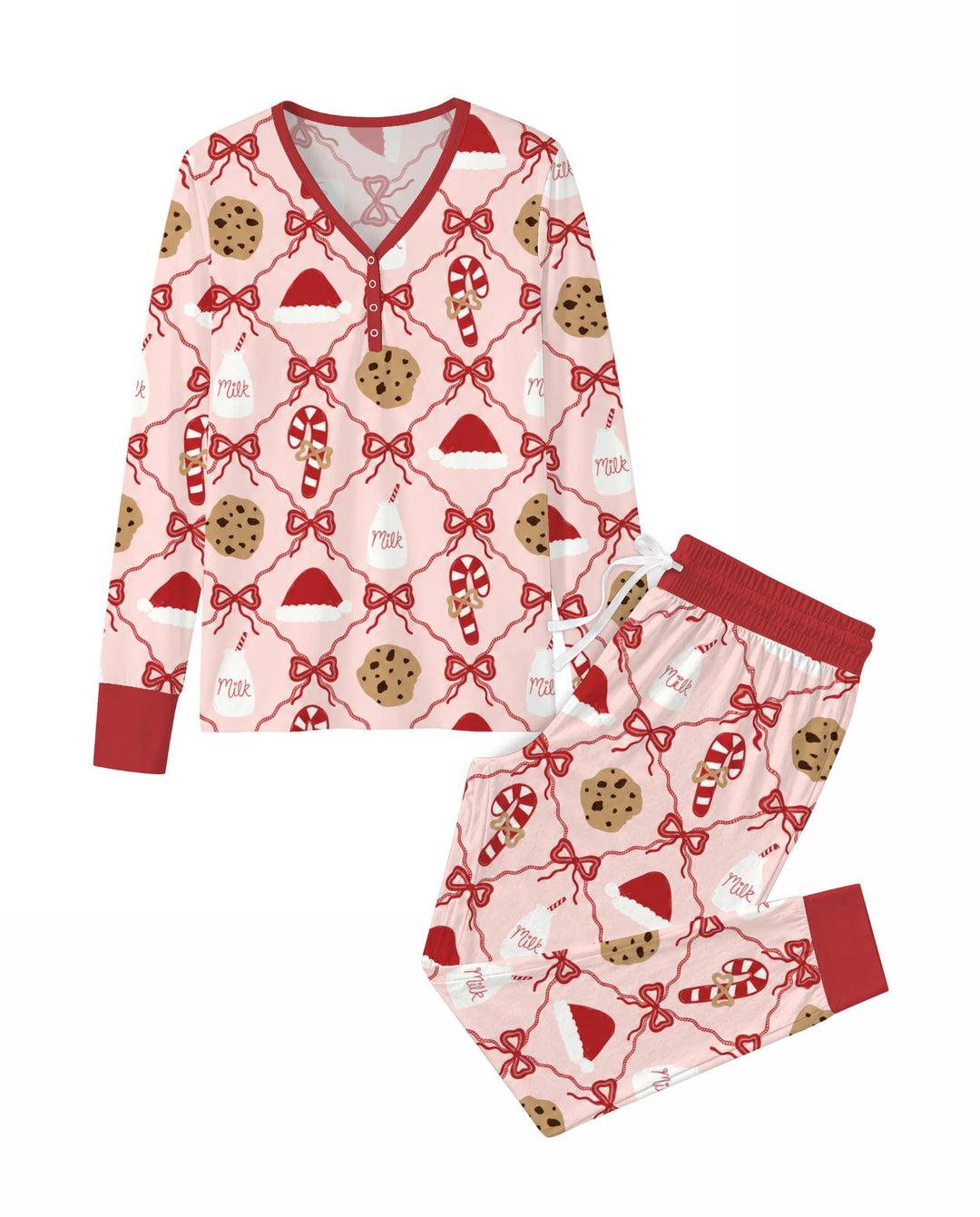 Pink Christmas Cookies and Milk Bow Lattice Bamboo Women Pajama Set