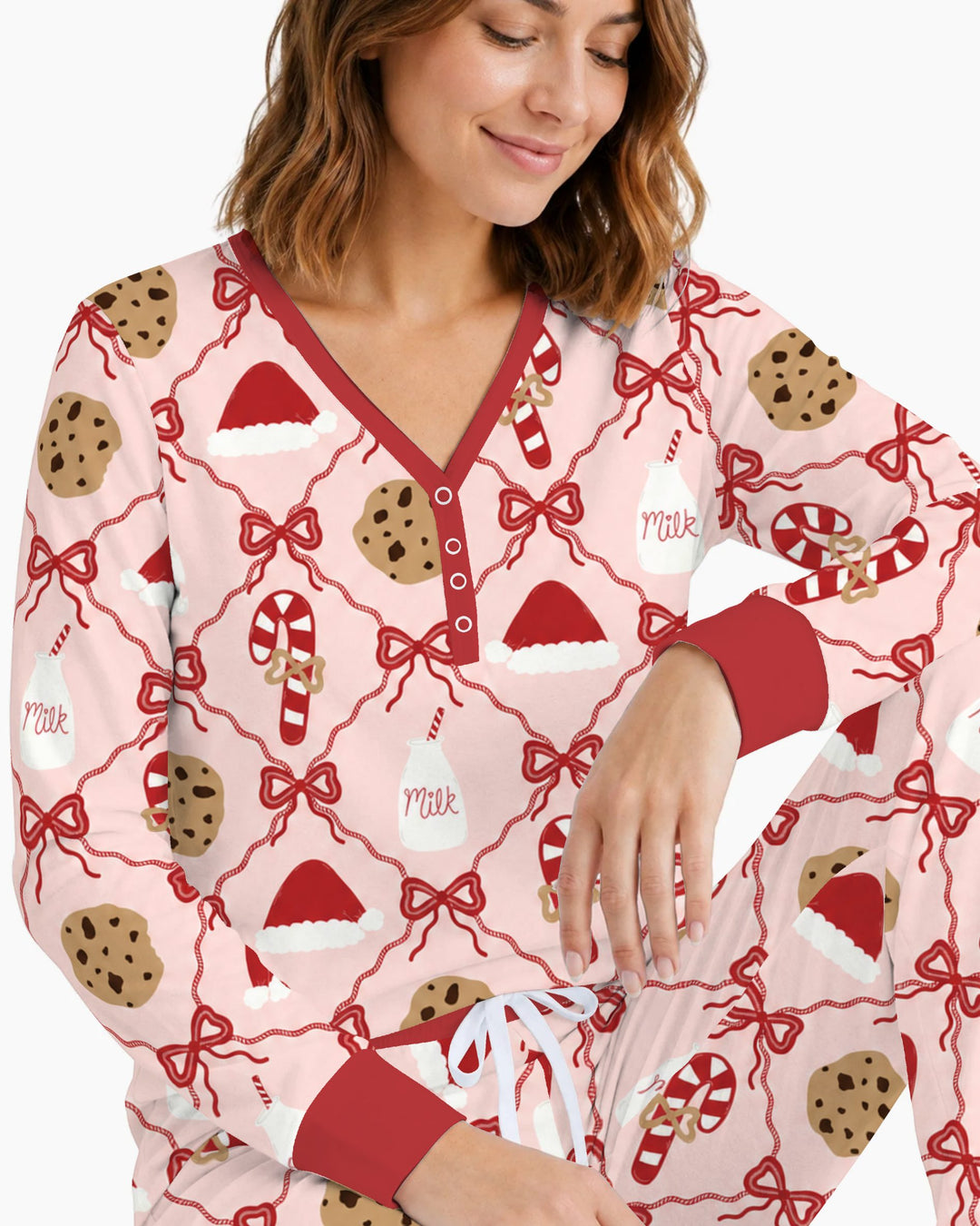 Pink Christmas Cookies and Milk Bow Lattice Bamboo Women Pajama Set
