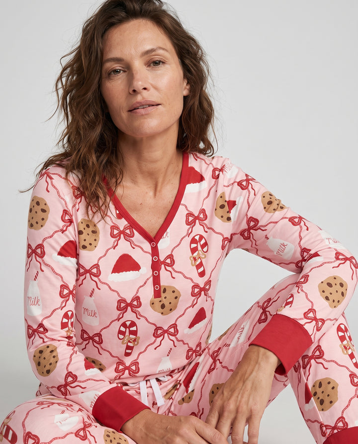 Pink Christmas Cookies and Milk Bow Lattice Bamboo Women Pajama Set