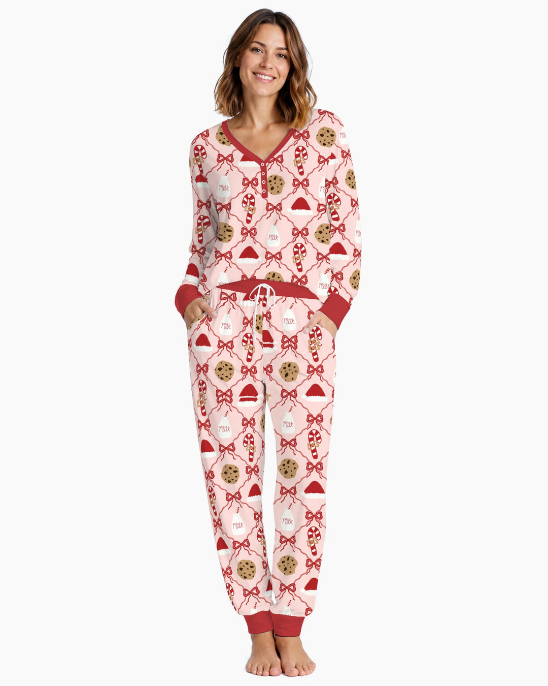 Pink Christmas Cookies and Milk Bow Lattice Bamboo Women Pajama Set