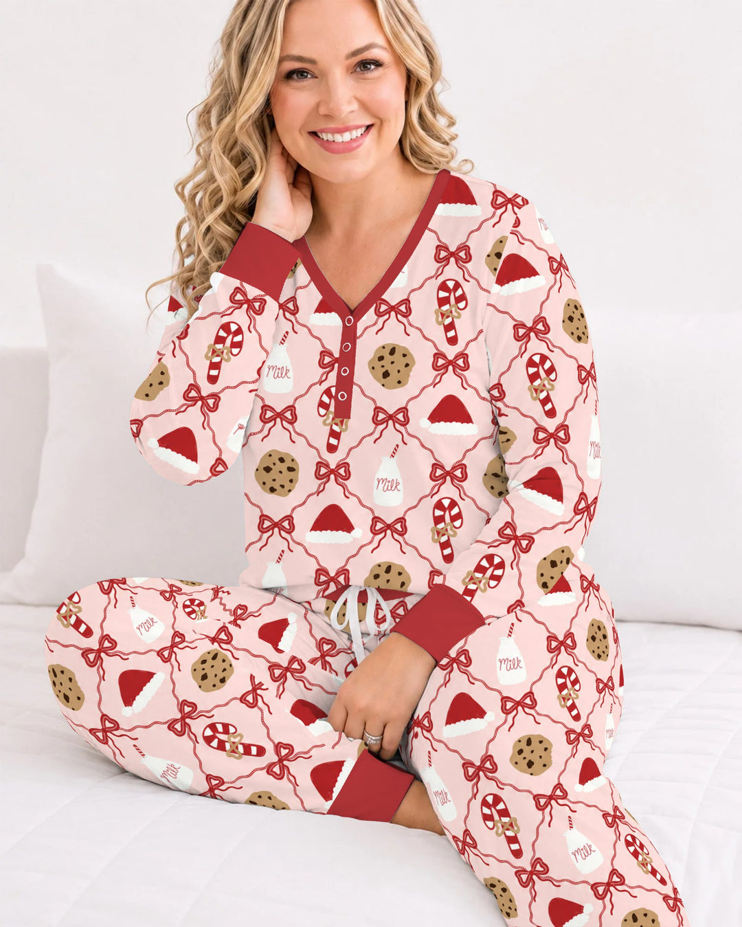 Pink Christmas Cookies and Milk Bow Lattice Bamboo Women Pajama Set