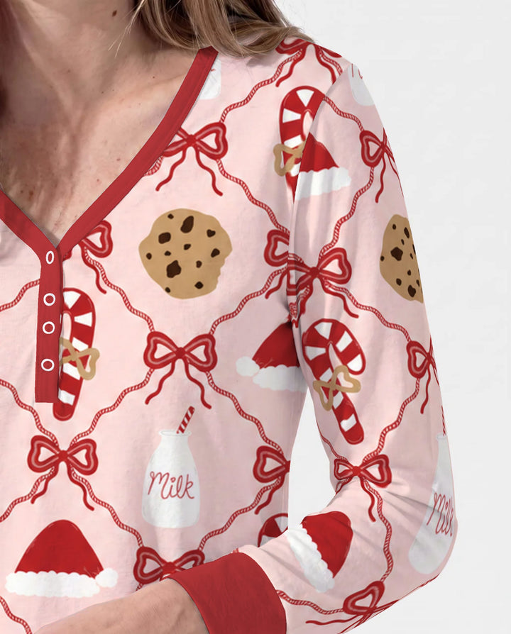 Pink Christmas Cookies and Milk Bow Lattice Bamboo Women Pajama Set