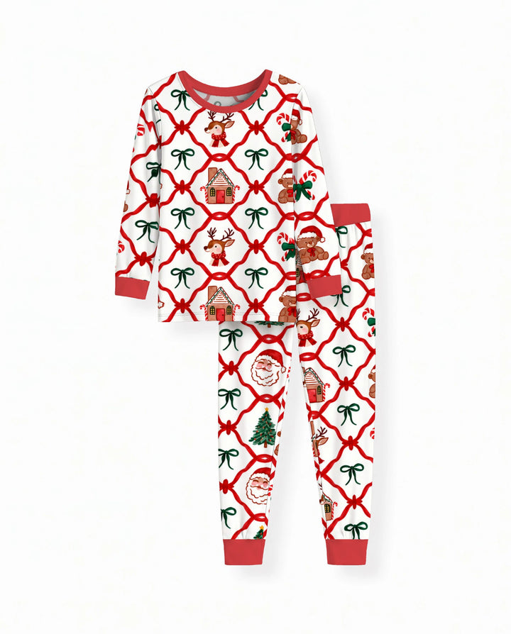 Classic Christmas Red Ribbon Lattice Bamboo Two Piece Long Sleeve Pajama Set