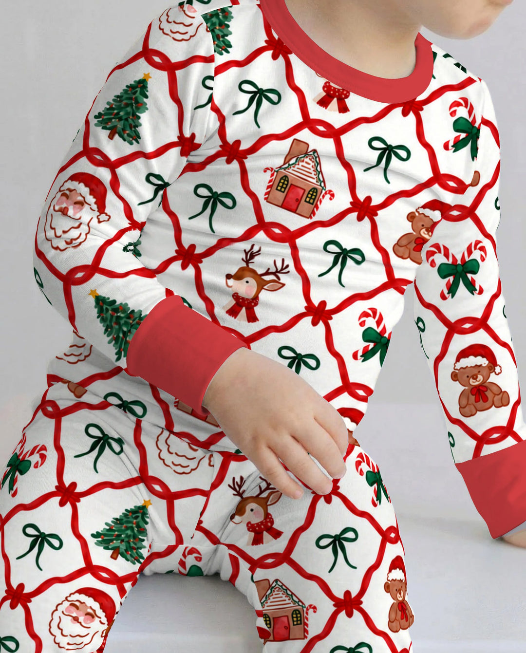 Classic Christmas Red Ribbon Lattice Bamboo Two Piece Long Sleeve Pajama Set