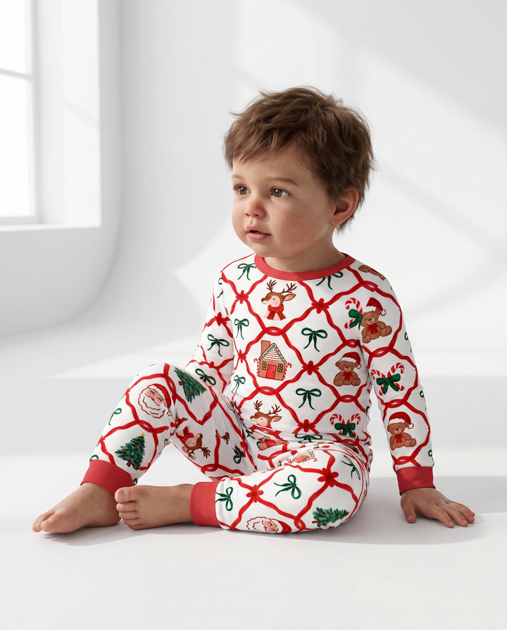 Classic Christmas Red Ribbon Lattice Bamboo Two Piece Long Sleeve Pajama Set