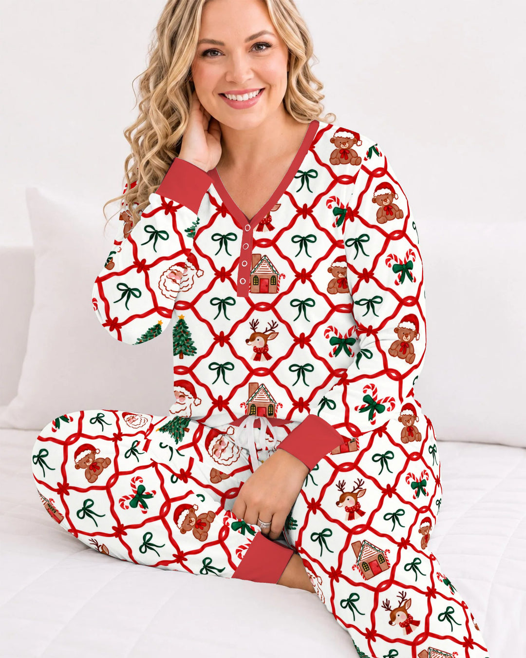 Classic Christmas Red Ribbon Lattice Bamboo Women Pajama Set