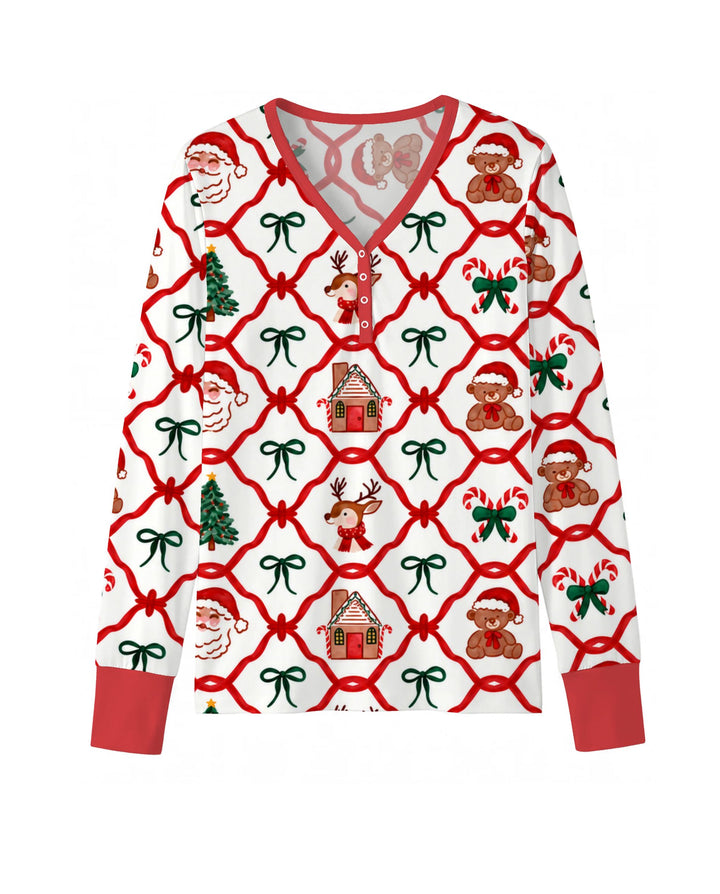Classic Christmas Red Ribbon Lattice Bamboo Women Pajama Set
