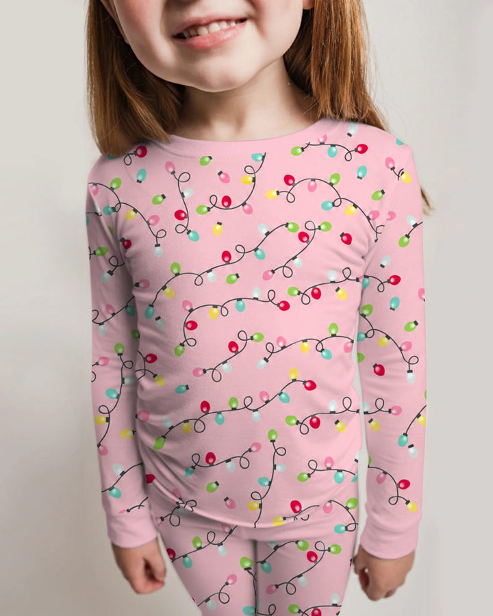 Colorful Christmas Lights on Pink Bamboo Two Piece Long Sleeve Pajama Set