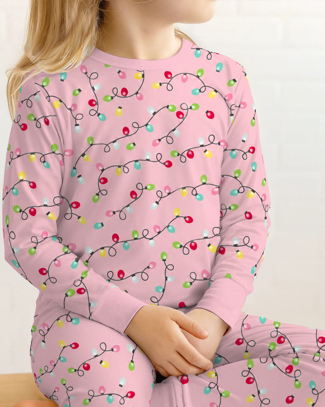 Colorful Christmas Lights on Pink Bamboo Two Piece Long Sleeve Pajama Set