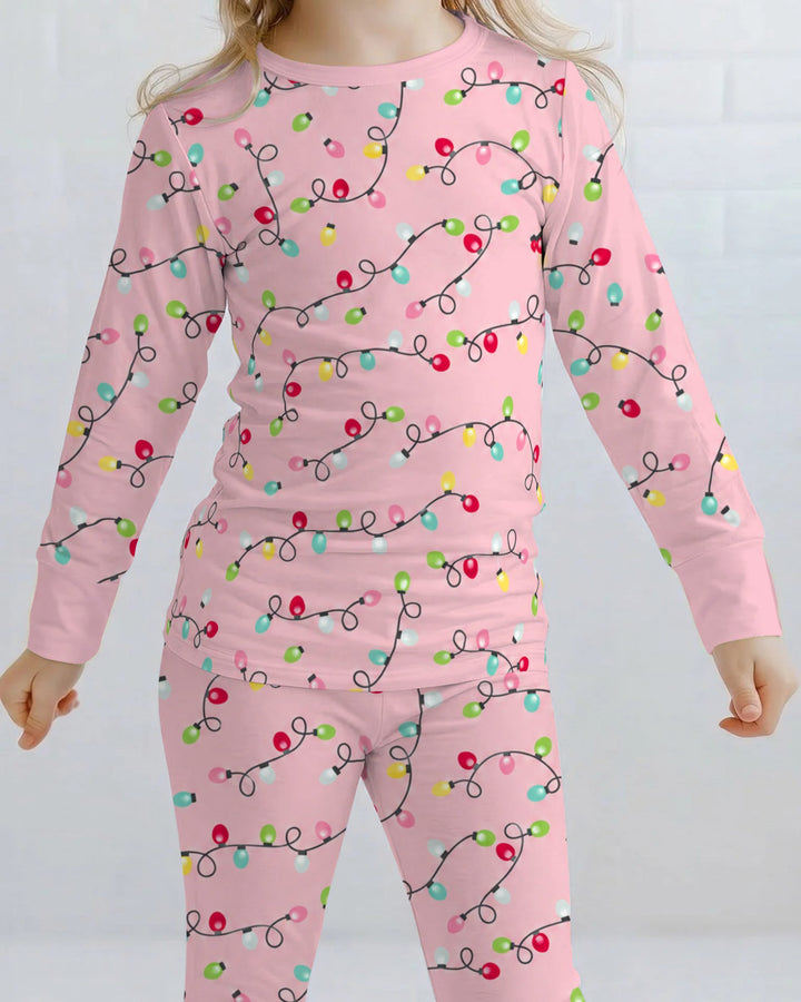 Colorful Christmas Lights on Pink Bamboo Two Piece Long Sleeve Pajama Set