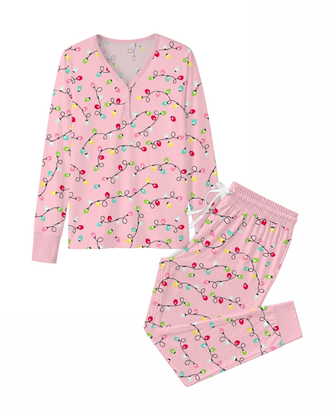 Colorful Christmas Lights on Pink Bamboo Women Pajama Set